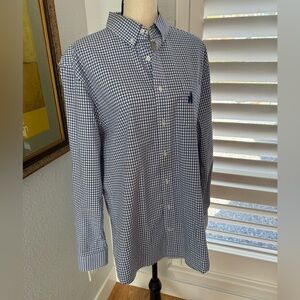 Gingham print, men’s button down, cotton shirt.